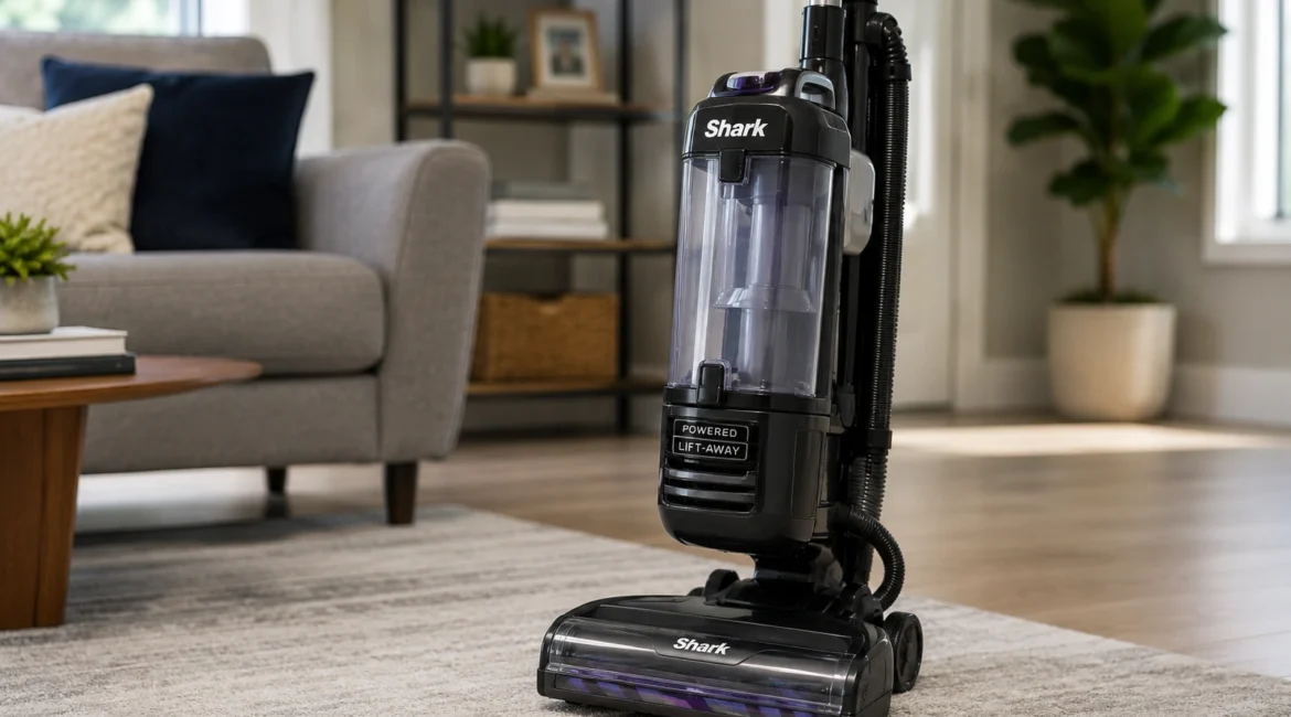 Shark upright vacuum cleaner with canister attached, standing on a beige living-room rug.