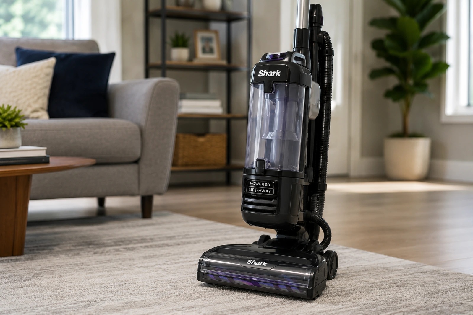Shark upright vacuum cleaner with canister attached, standing on a beige living-room rug.