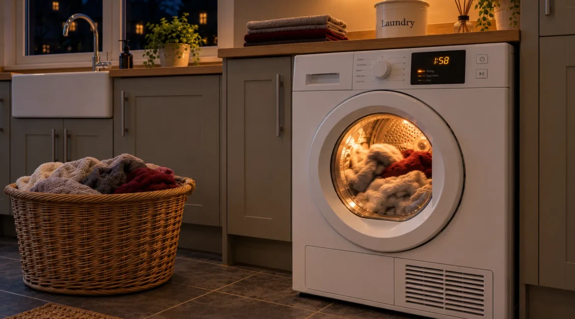 Front-loading washing machine running in a cozy laundry area with a wicker basket of clothes nearby.