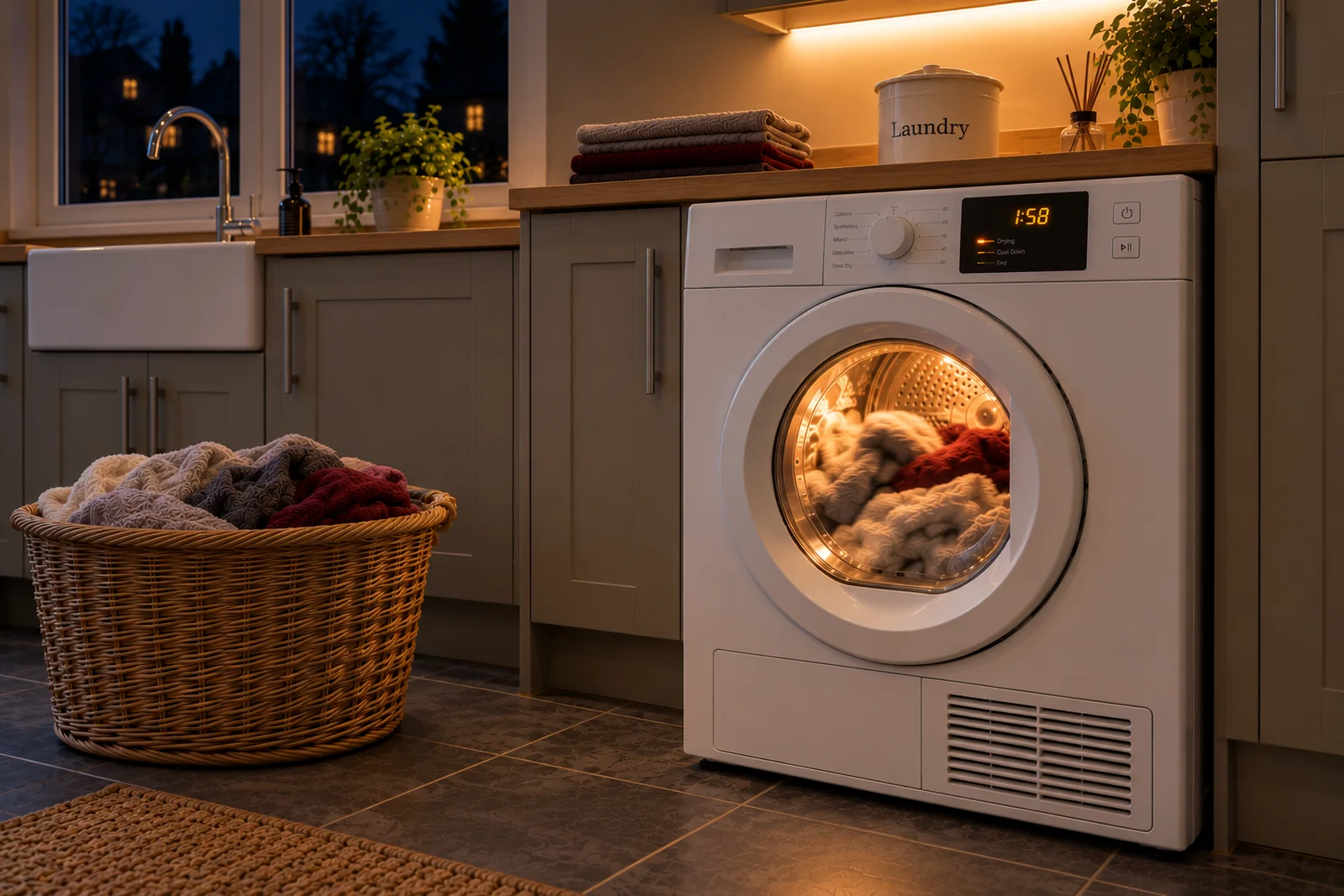 Front-loading washing machine running in a cozy laundry area with a wicker basket of clothes nearby.