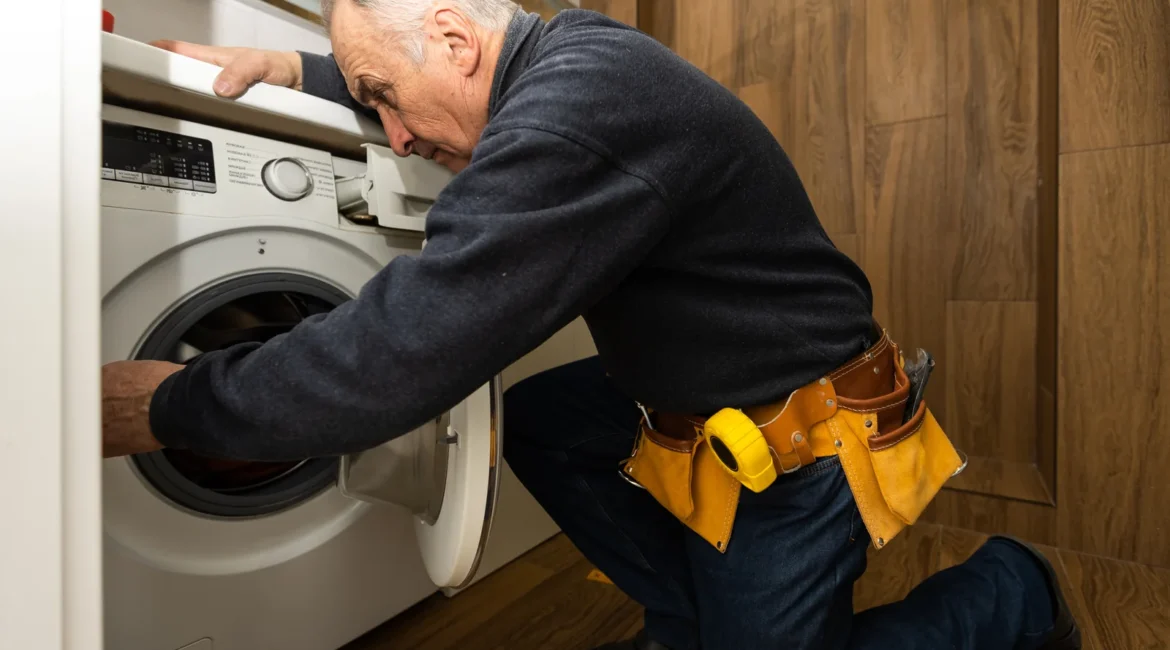 Engineer checking the plug fuse on a washing machine no power call in a utility room in Aughton, West Lancashire
